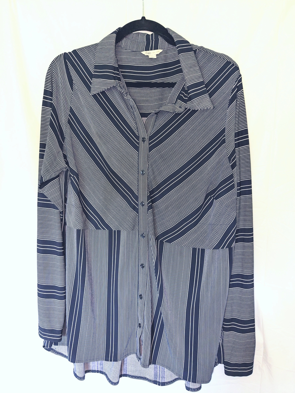 Striped Long Sleeve Button-Up Blouse With Wide Flap Detail Navy and White 18/20W